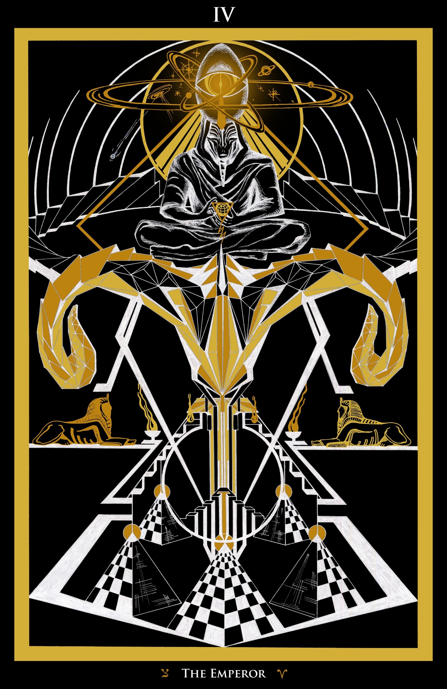 The Emperor Tarot card from Conjunction Tarot, featuring symbolic art with a focus on the throne and regal symbols.